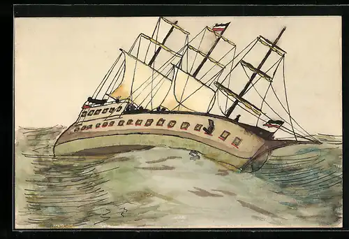Künstler-AK Handgemalt: Segelschiff bei hohem Seegang