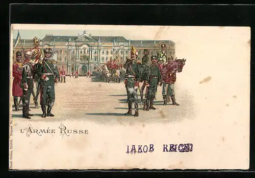 Lithographie Armée Russe, Soldaten bei Kavallerie-Parade vor einem Schloss