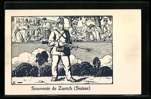 AK Zürich, Soldat mit Bajonett, Soldaten waschen sich an einem Bahnhof