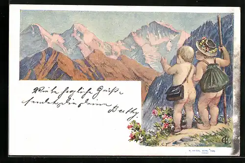 Künstler-Lithographie Kleine nackte Bergsteiger