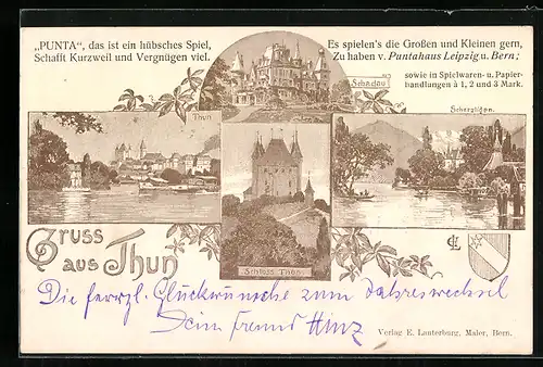 Künstler-AK Emil Lauterburg: Thun, Schloss Thun, Scherzligen, Ortsansicht, Wappen