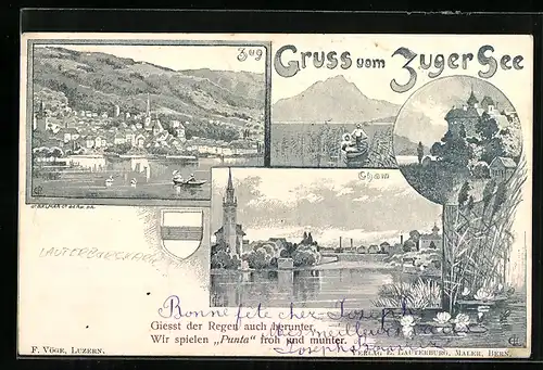 Künstler-AK Emil Lauterburg: Zug, Ortsansicht mit Zuger See, Ortsansicht Cham, Wappen