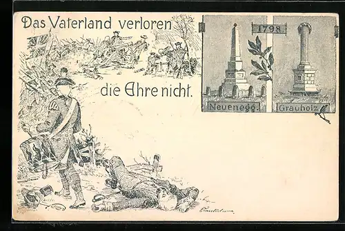 Künstler-AK Emil Lauterburg: Das Vaterland verloren, die Ehre nicht, Denkmäler Neuenegg u. Grauholz, Gefallener