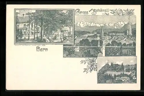 Lithographie Bern, Ortsansicht, Besucher am Schänzli