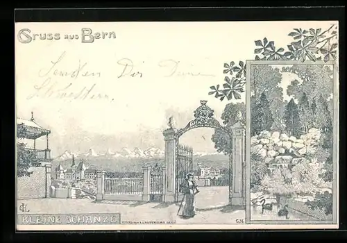 Künstler-AK Emil Lauterburg: Bern, Kleine Schanze mit Bergpanorama, Partie im Park