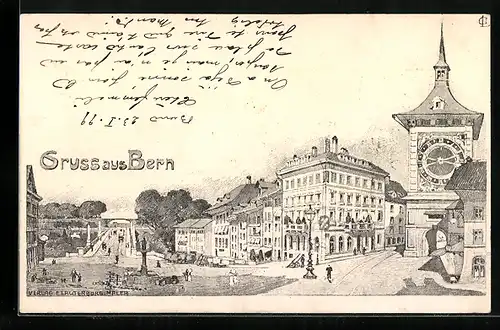 Künstler-AK Emil Lauterburg: Bern, Ortspartie mit Strassen und Uhrenturm
