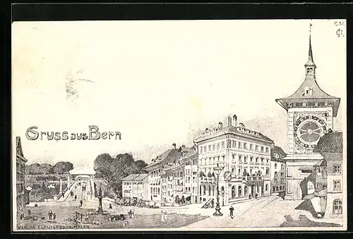 Künstler-AK Emil Lauterburg: Bern, Strassenpartie mit Brücke und Uhrenturm