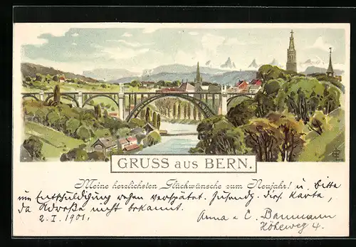 Künstler-AK Emil Lauterburg: Bern, Ortsansicht mit Viadukt, Neujahrsgruss