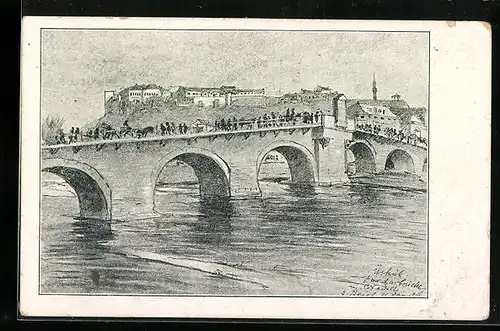 Künstler-AK Skopje / Ueskueb, Blick auf die Vardarbrücke