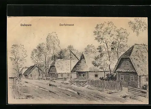 AK Dubowo, Dorfstrasse mit Holzhäusern