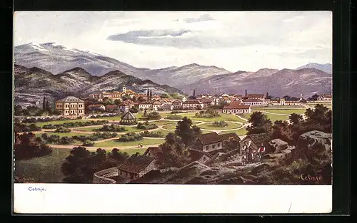 Künstler-AK Cetinje / Cettigne, Panoramablick auf Ort und Berge