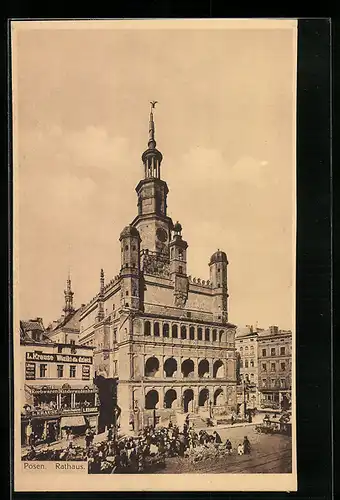 AK Posen, Rathaus und Korbwarengeschäft L. Krause