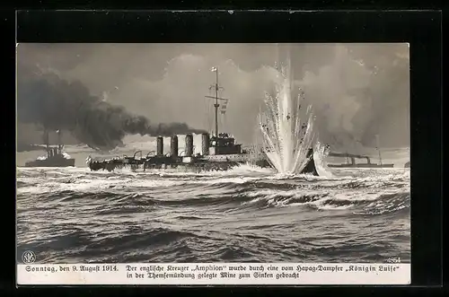 AK engl. Kreuzer Amphion wurde durch eine vom Kriegsschiff Königin Luise gelegte Mine zum Sinken gebracht
