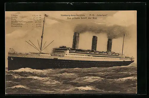 AK Hamburg-Amerika-Linie, Passagierschiff Vaterland, Backbordseite