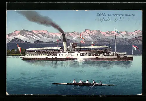 AK Zürich, Salondampfer Helvetia und Vierer-Ruderboot