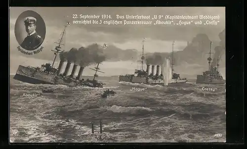 AK Deutsches U-Boot U9 vernichtet drei englische Panzerkreuzer, Kapitänleutnant Weddigen