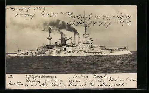 AK Kriegsschiff SMS Mecklenburg in voller Fahrt