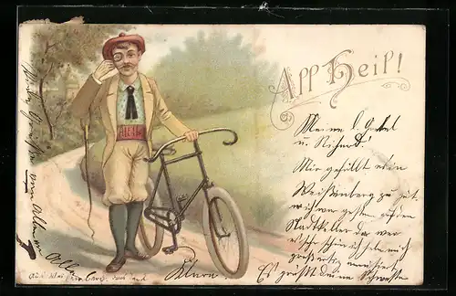 Lithographie All Heil!, Radler mit Monokel und Fahrrad