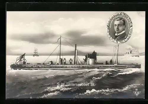 Künstler-AK SM U-Boot IX gegen Dampfschiff, Kapitän Weddigen