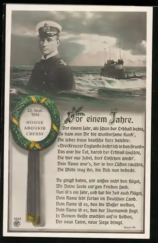 AK Portrait Kapitän Weddigen, U-Boot U9, versenkte am 22. Sept. 1914 Houge, Aboukir und Cressy