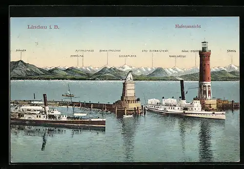 AK Lindau i. B, Hafenansicht mit Bergpanorama