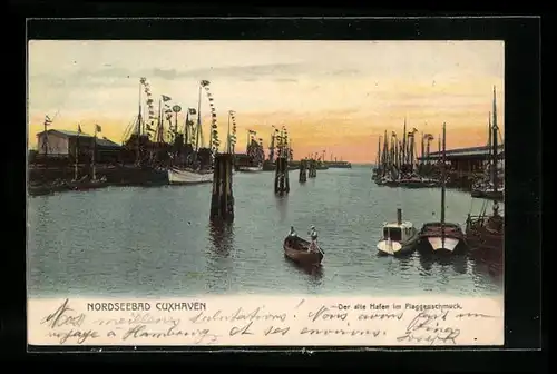 AK Cuxhaven, Der alte Hafen im Flaggenschmuck