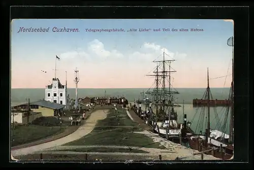 AK Cuxhaven, Telegraphengebäude, Alte Liebe und Teil des alten Hafens