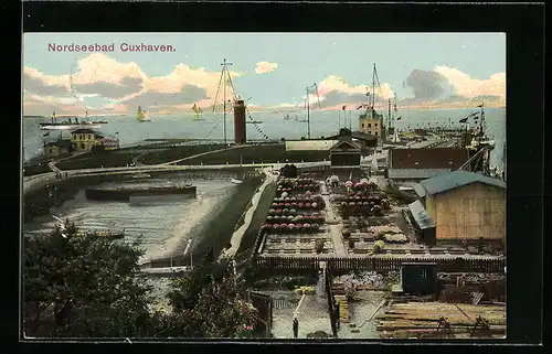 AK Cuxhaven, Hafen mit Leuchtturm und Dampfer