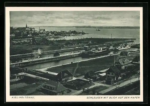 AK Kiel-Holtenau, Schleusen mit Blick auf den Hafen aus der Vogelschau