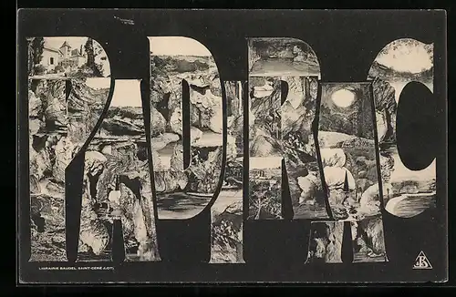 AK Padirac, Schriftzug mit Gebäudeansicht, Höhle und Uferpartie