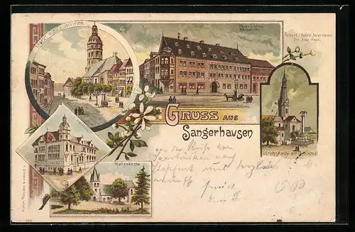 Lithographie Sangerhausen, Kreishaus, Neues Schloss und Amtgericht, Markt