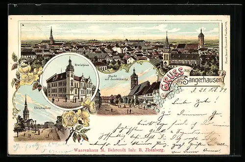 Lithographie Sangerhausen, Ulrichsplatz, Kreishaus, Markt m. Jacobikirche, Ortsansicht