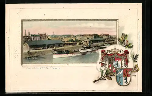 Passepartout-Lithographie Ludwigshafen a. Rh., Güterbahnhof am Hafen vor Stadtpanorama, Wappen