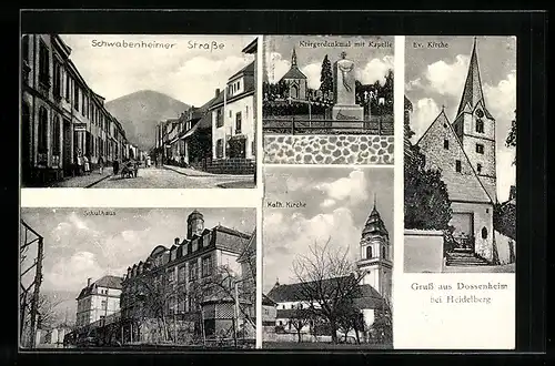 AK Dossenheim bei Heidelberg, Evangelische Kirche, Kriegerdenkmal mit Kapelle, Schulhaus