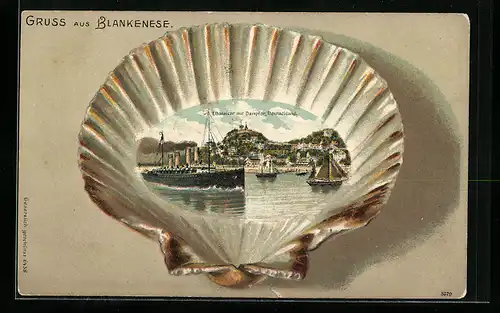 Passepartout-Lithographie Hamburg-Blankenese, Elbansicht mit Dampfer Deutschland in einer Muschel
