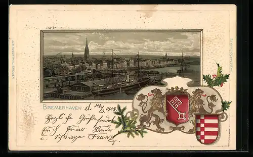 Passepartout-Lithographie Bremerhaven, Ortsansicht mit Hafen, Wappen mit goldenen Löwen