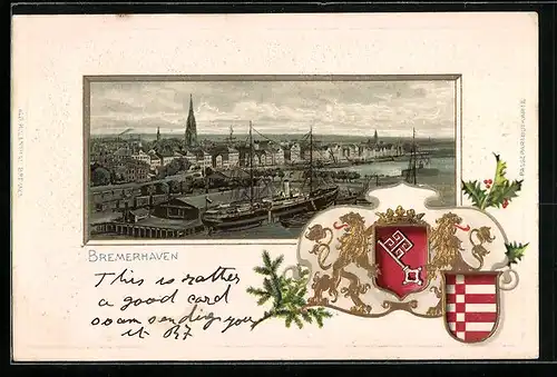 Passepartout-Lithographie Bremerhaven, Ortsansicht mit Hafen, Wappen mit goldenen Löwen