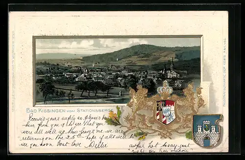 Passepartout-Lithographie Bad Kissingen, Panorama mit Kirche, Wappen