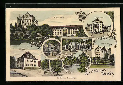 Künstler-AK Taxis, Gasthof, Prinzenbau, Partien aus den Anlagen
