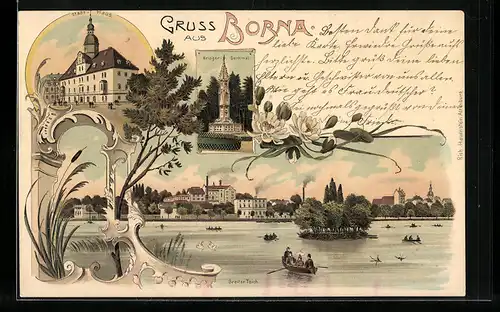 Lithographie Borna, Stadt-Haus, Krieger-Denkmal, Breiter Teich