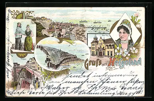 Lithographie Helgoland, Treppe, Steilufer, Helgoländer Paar, Gesamtansicht, Gesamtansicht