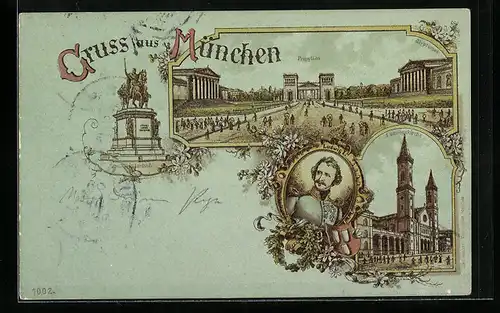 Lithographie München, Propyläen, Ludwigskirche, Ludwig I.