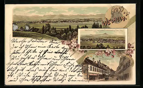 Lithographie Weilheim, Strassenansicht, Ortsansicht mit dem hohen Peissenberg