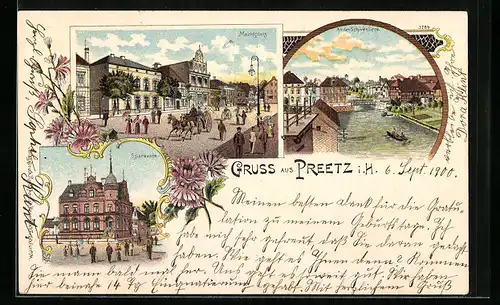 Lithographie Preetz i. H., Sparkasse, Marktplatz, An der Schwentiene