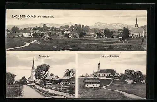 AK Sachsenkamm /Schaftlach, Ortspartie mit Kirche, Kloster Reutberg