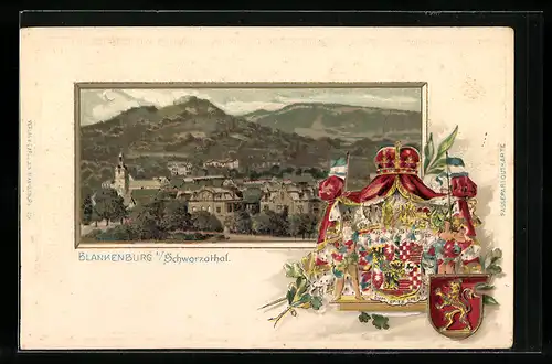 Passepartout-Lithographie Blankenburg /Schwarzathal, Totalansicht mit Gebirge, Wappen