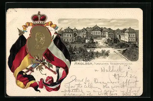 Passepartout-Lithographie Arolsen, Fürstliches Residenzschloss, Wappen