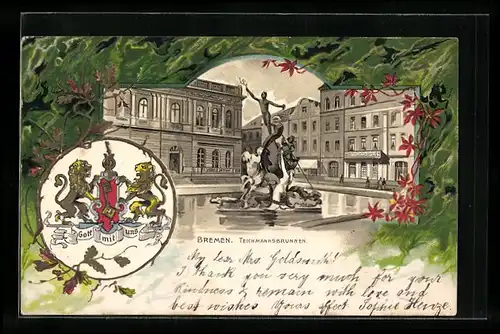 Passepartout-Lithographie Bremen, Teichmannsbrunnen mit Umgebung, Wappen