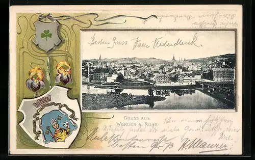 Passepartout-Lithographie Werden a. Ruhr, Ortsansicht mit Brücke aus der Vogelschau, Wappen