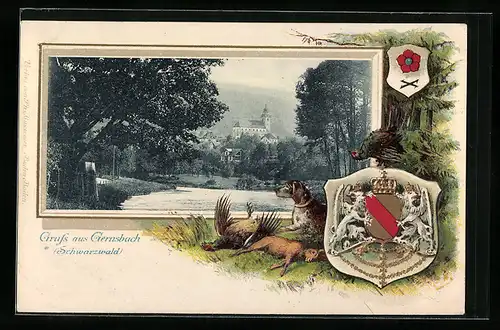 Passepartout-Lithographie Gernsbach /Schwarzw., Ortsansicht, Wappen, Hund mit Jagdbeute